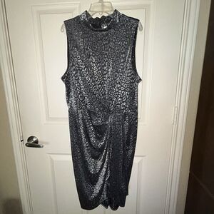Calvin Klein Black & Silver Metallic Print Sheath Cocktail Dress 12 Edgy Elegant